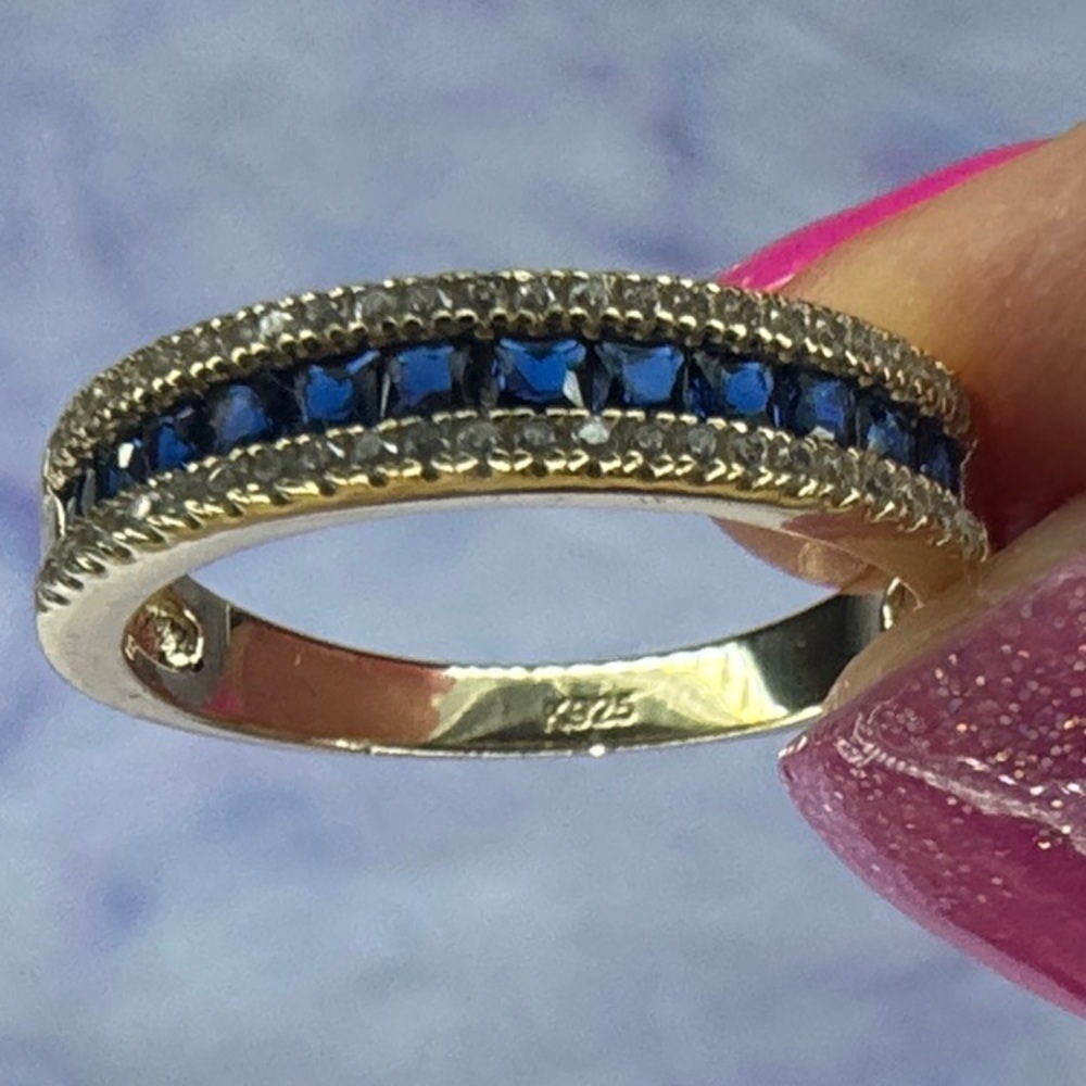 Gold Band Ring with Blue Stones and Pavé Accents 925 Silver - Picture 3 of 3